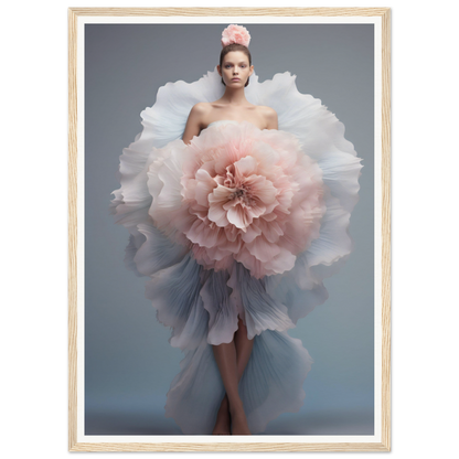 A woman in a dress with a large flower in her hair