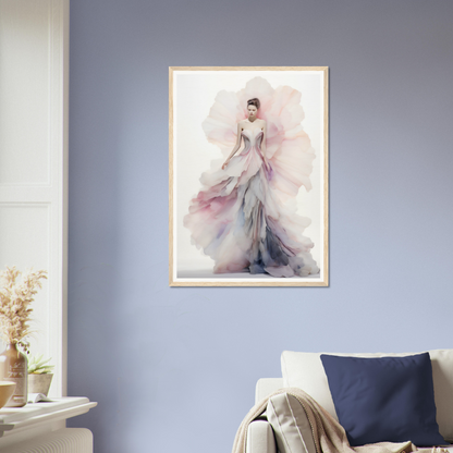 A woman in a dress with a large flower on her head is shown in a living room with a blue wall and a white sofa