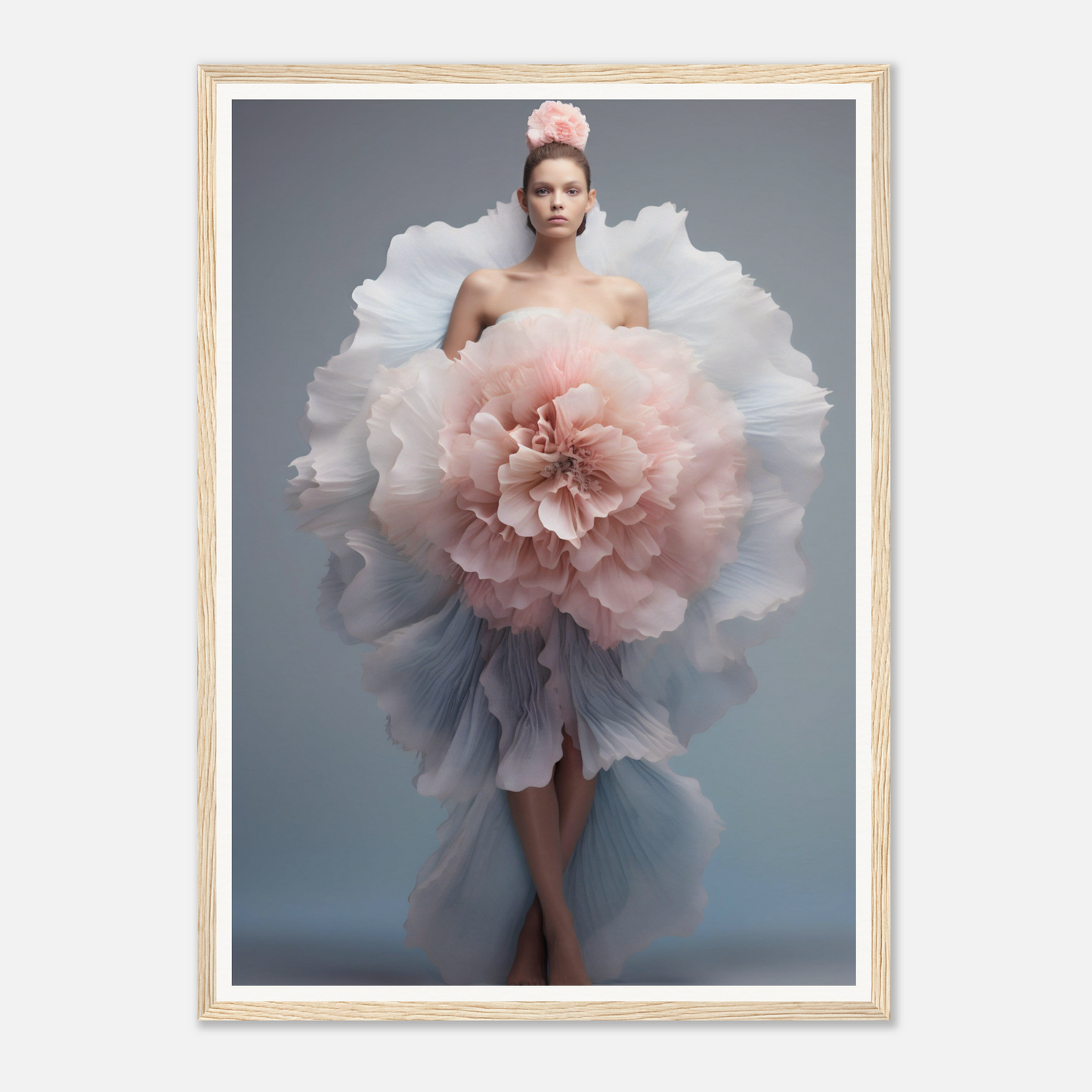 A woman in a dress with a large flower on her head