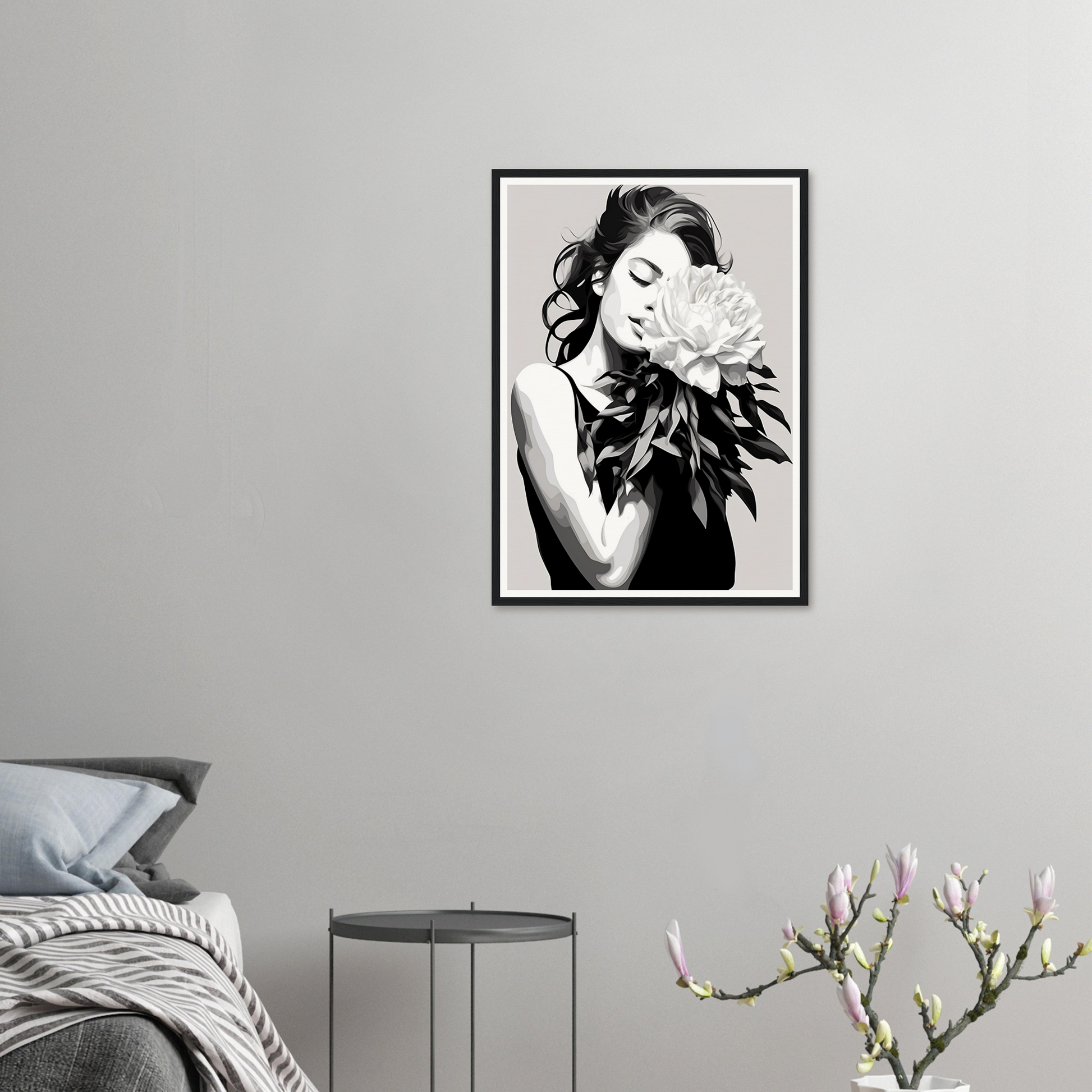 A woman with a flower in her hand framed in a room