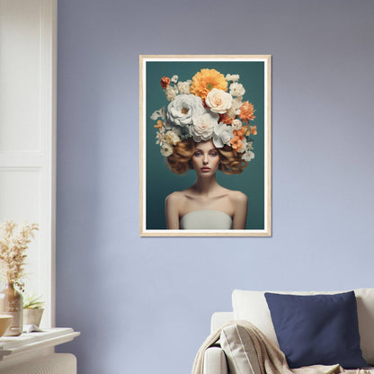 A woman with flowers in her hair on a blue wall