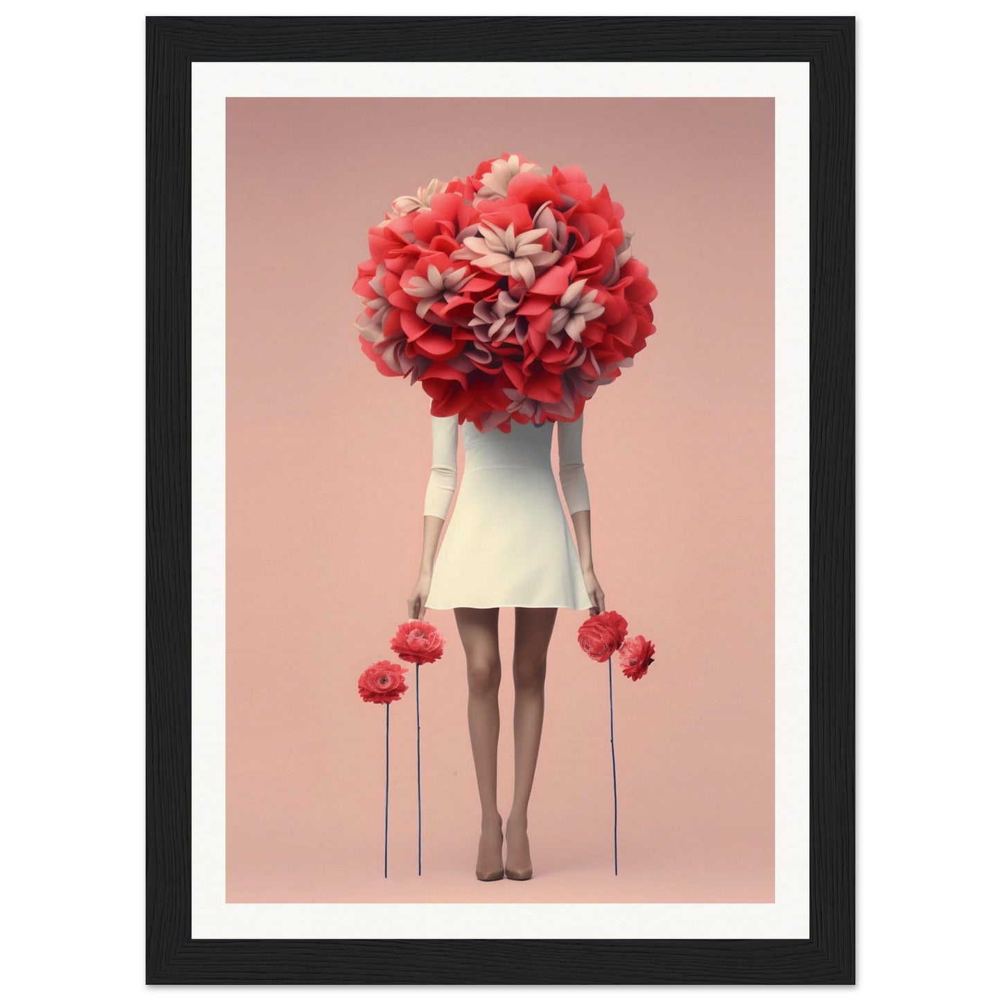 A woman with flowers in her hair, holding a bouquet of red flowers