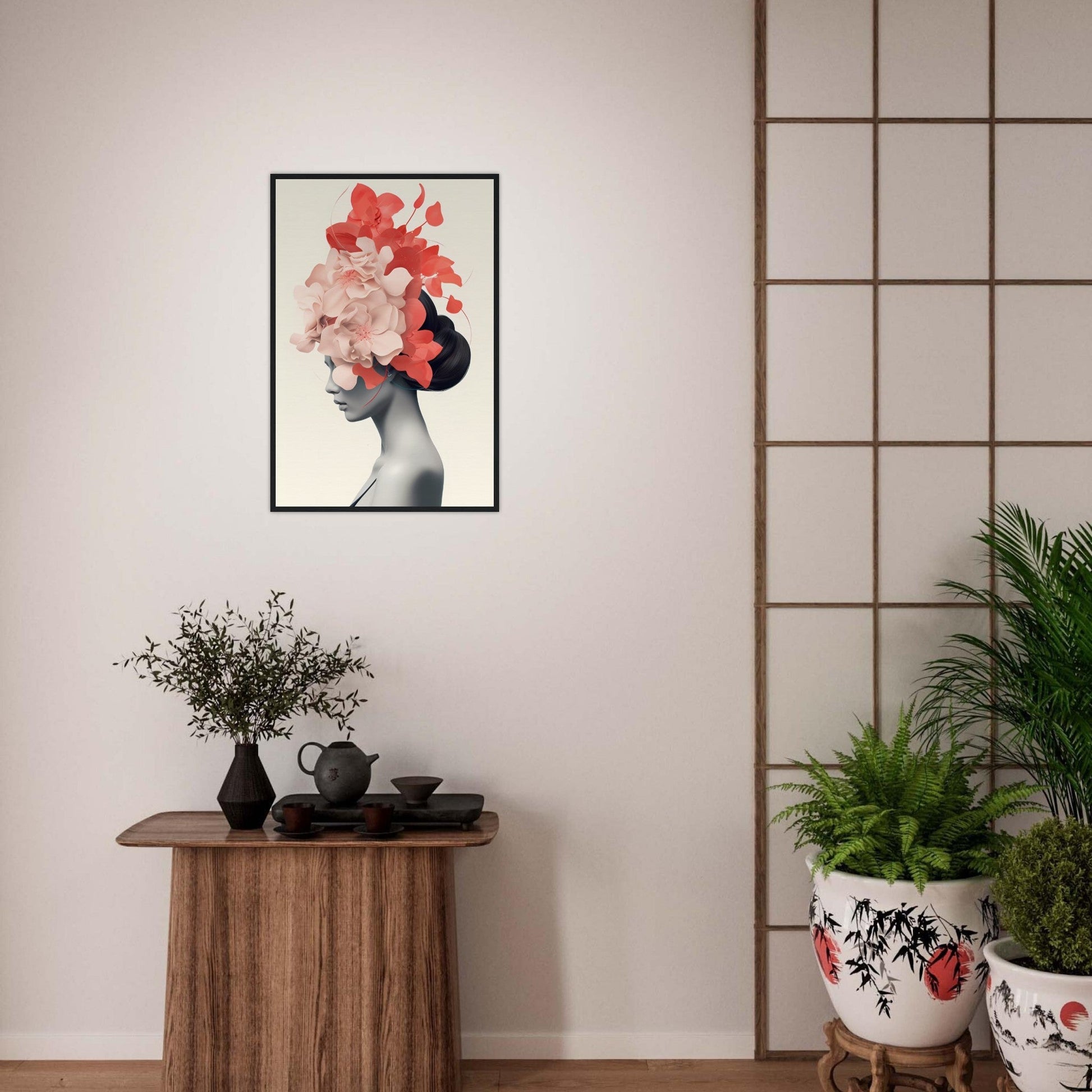 A woman with flowers in her hair on a table