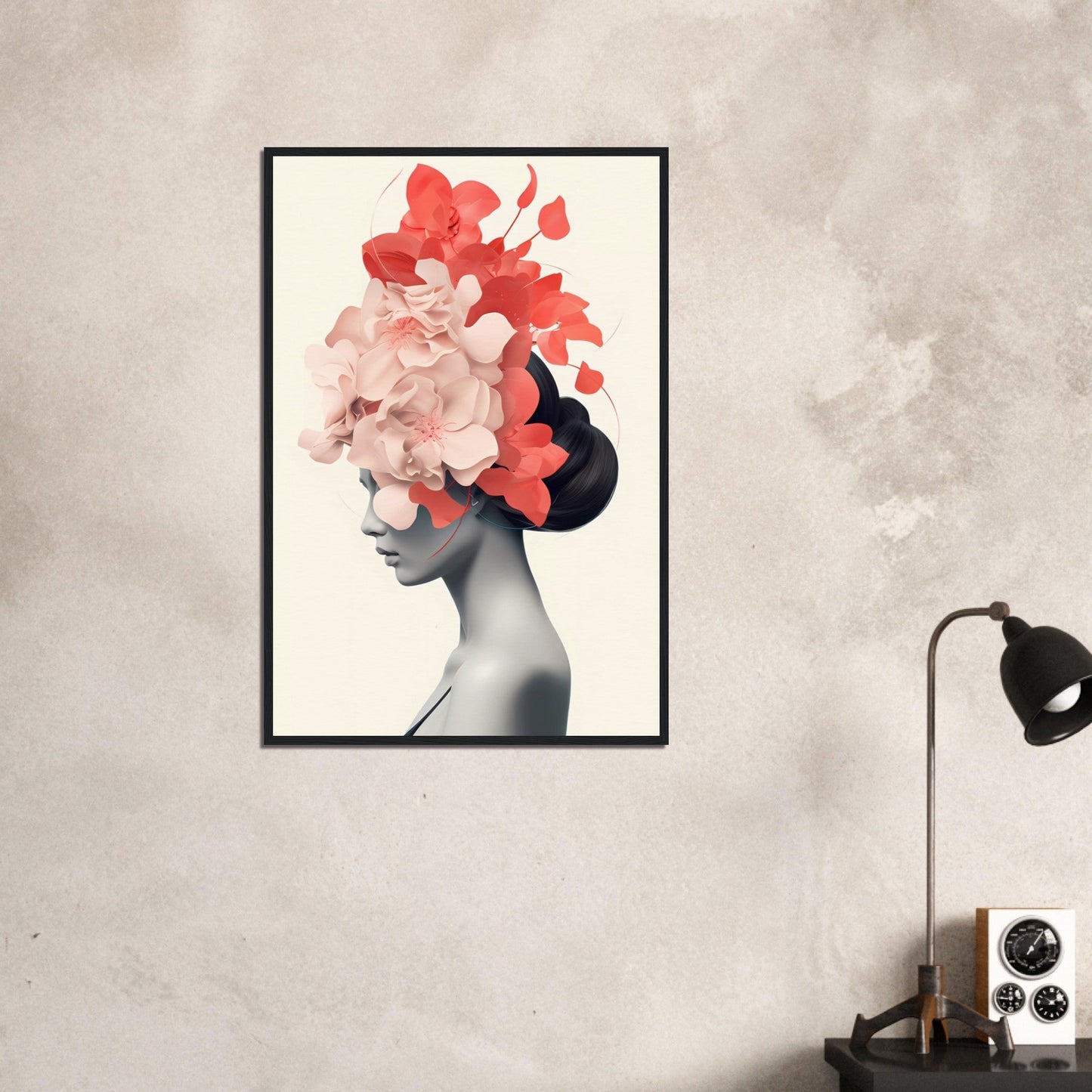 A woman with flowers in her hair on a wall