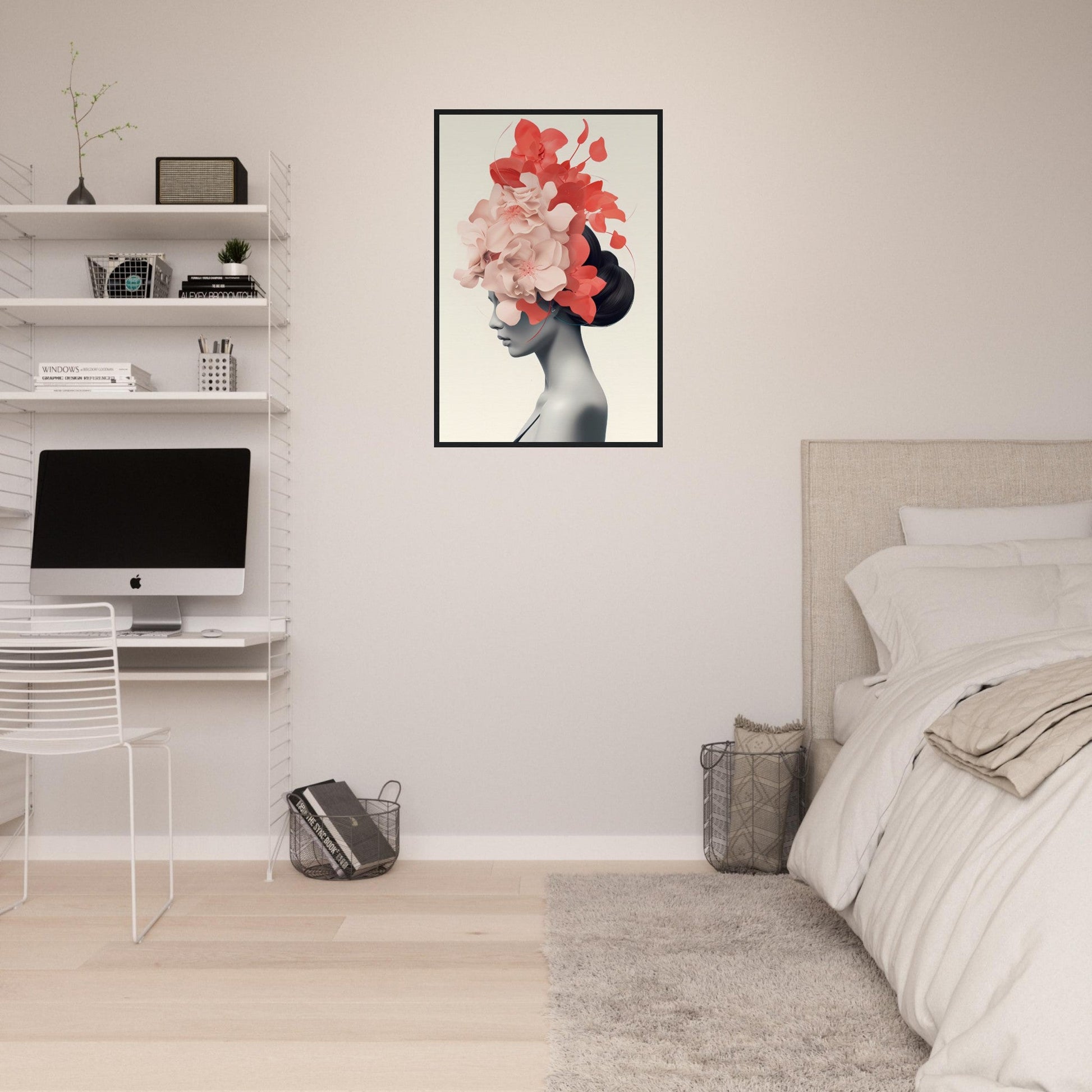 A woman with flowers in her hair on a white wall