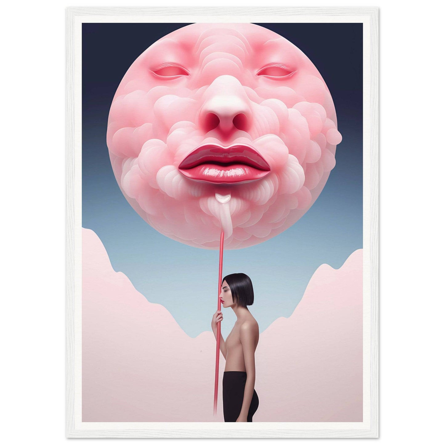 A woman holding a giant pink balloon with her face in the air