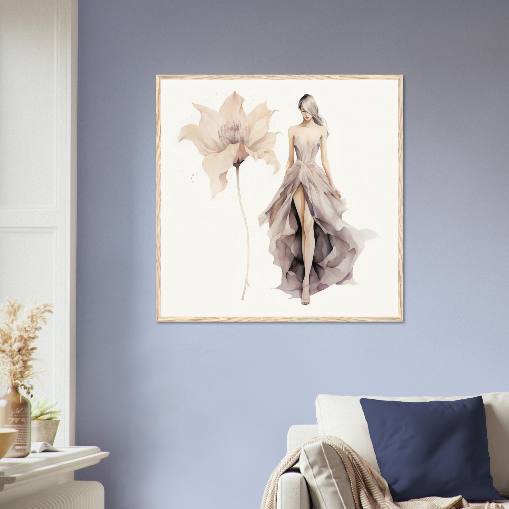 A woman in a gray dress is standing in a living room