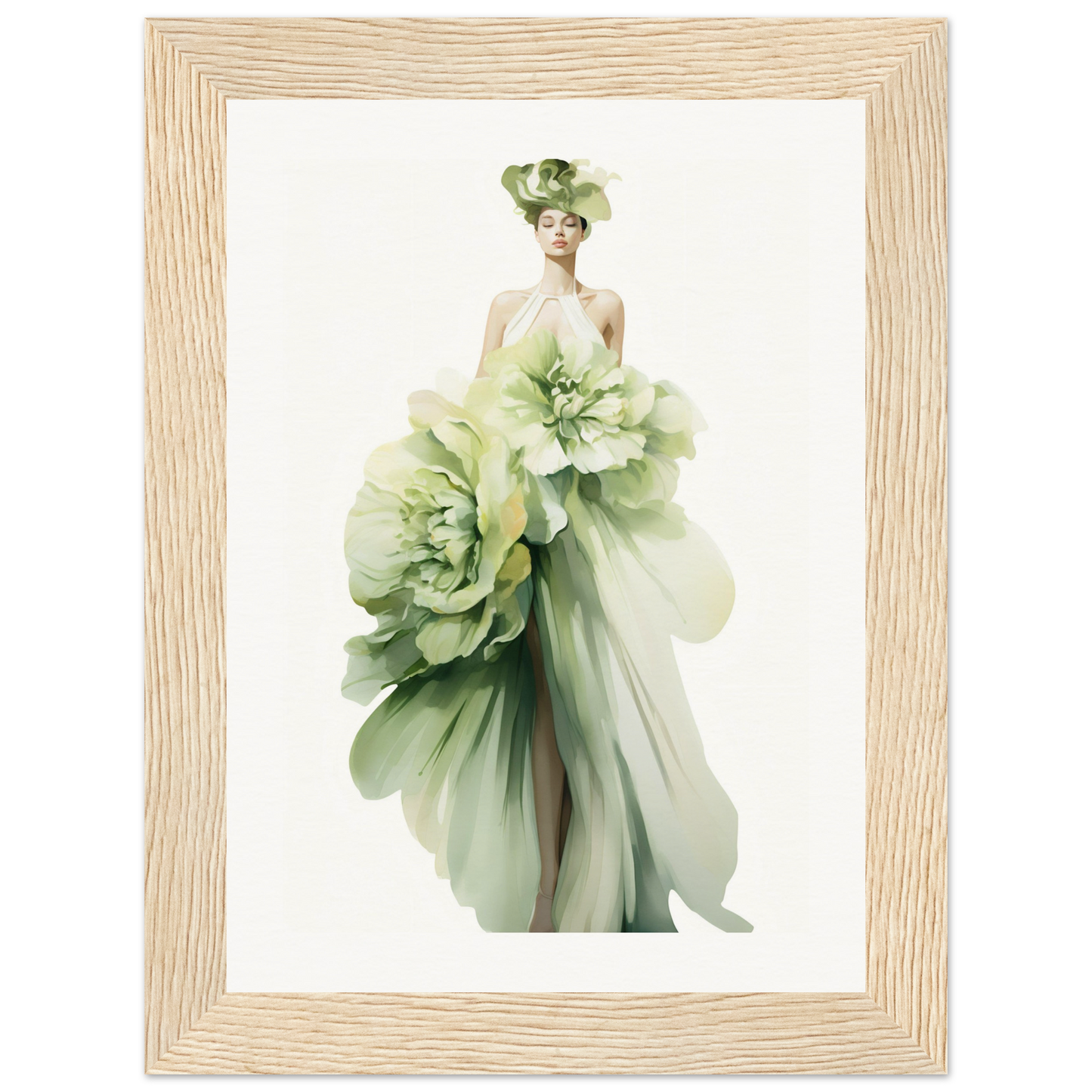 A woman in a green dress with flowers on her head