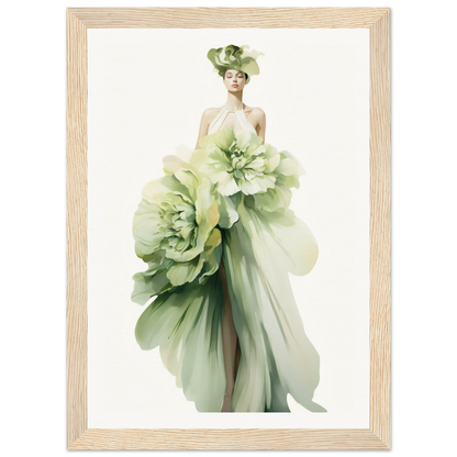 A woman in a green dress with flowers on her head