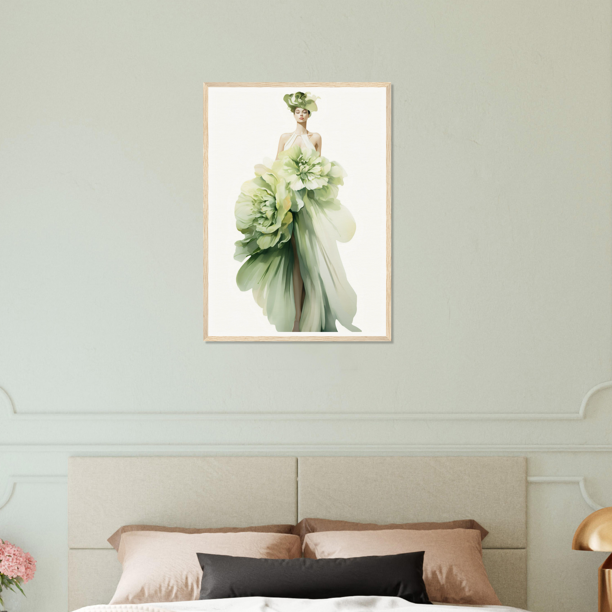 A woman in a green dress with flowers on her head, holding a bouquet