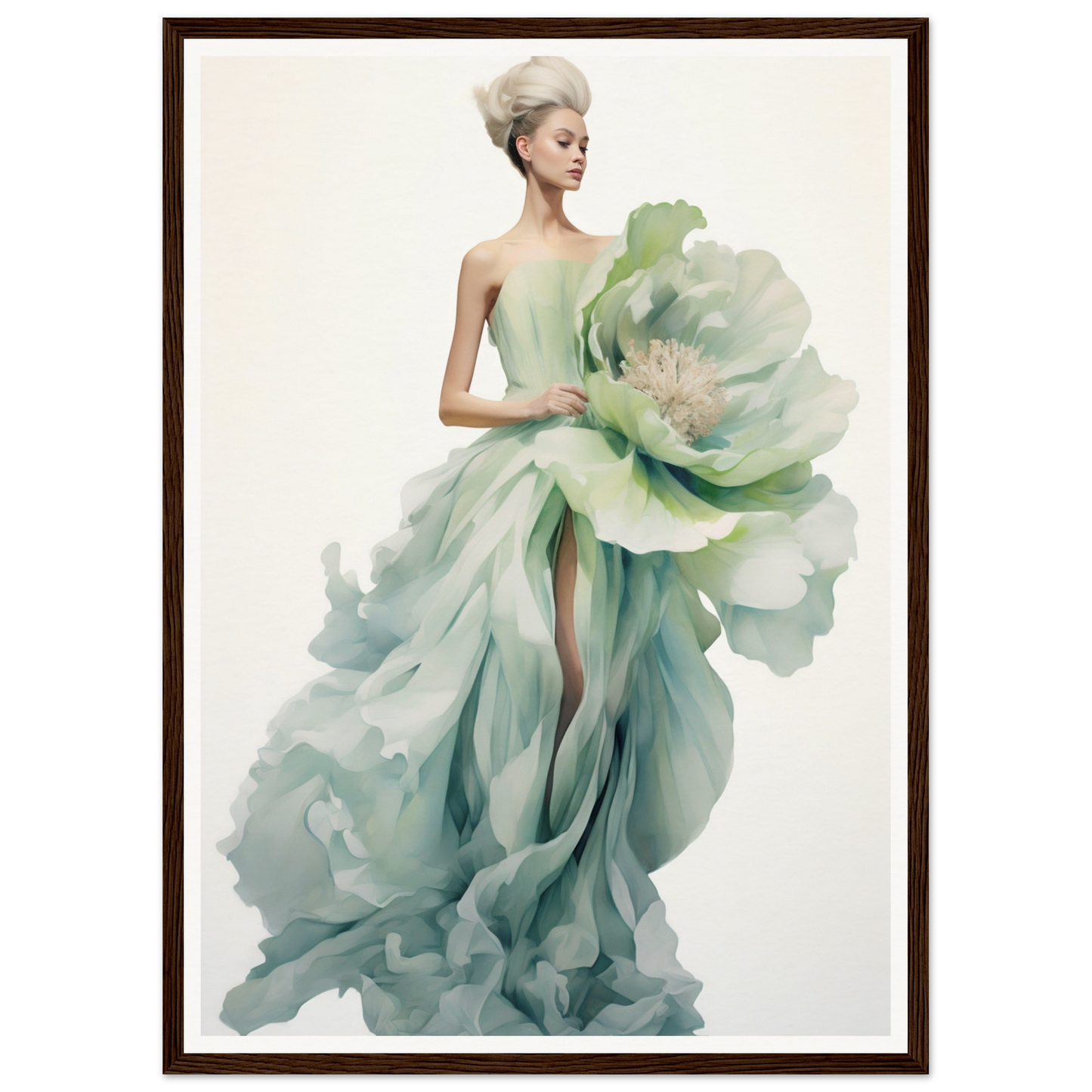 A woman in a green dress holding a large flower