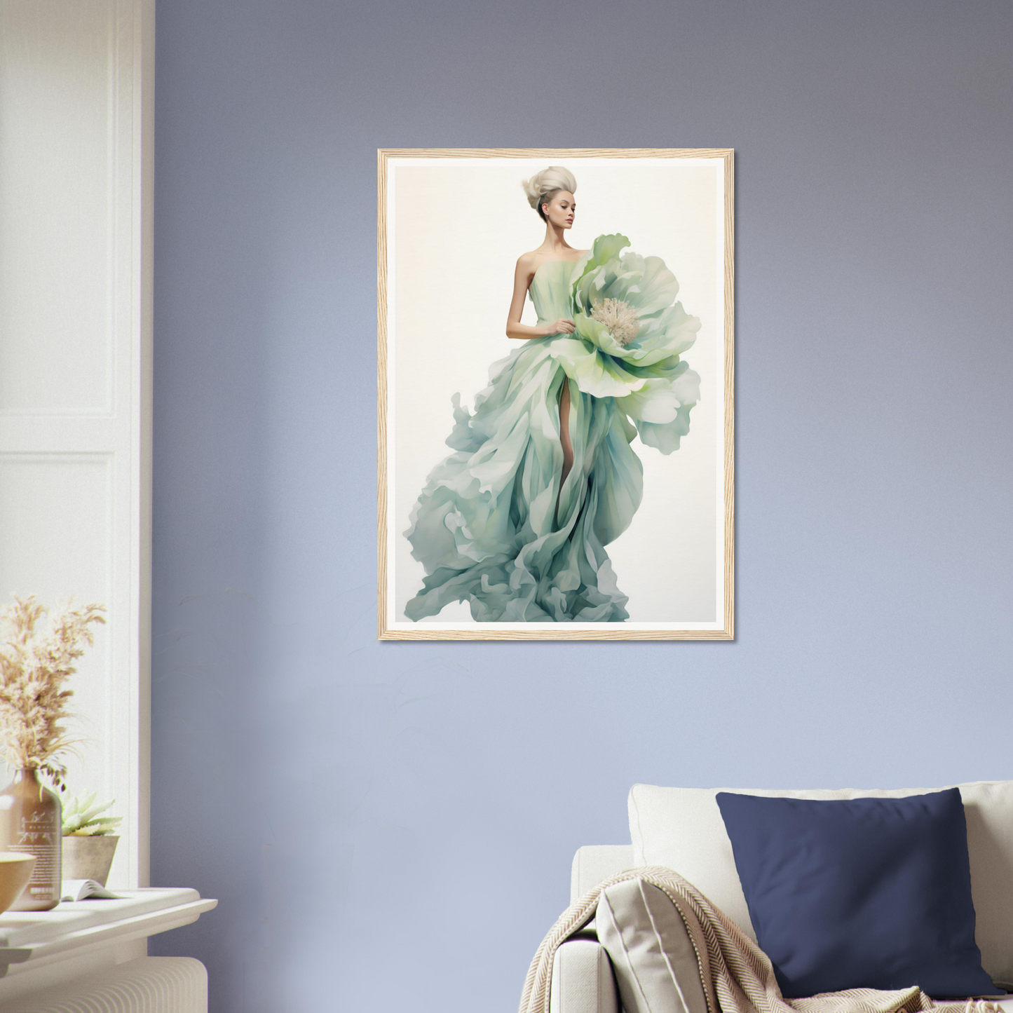 A woman in a green dress is standing in a living room