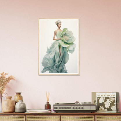 A woman in a green dress standing on a shelf