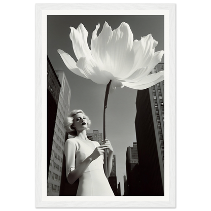 A woman holding a large white flower in front of a tall building