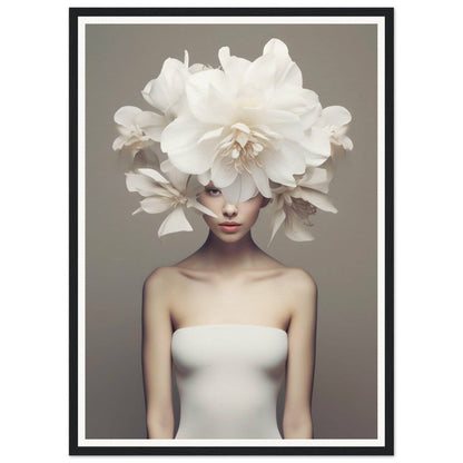 A woman with a large white flower on her head