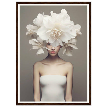 A woman with a large white flower on her head