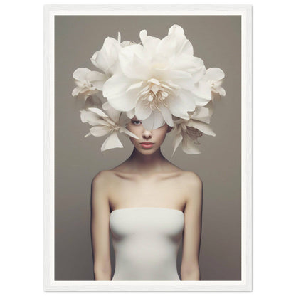 A woman with a large white flower on her head