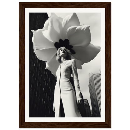 A woman holding a large white flower in front of a tall building