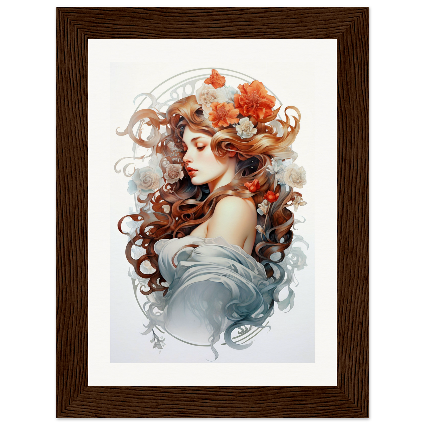 A woman with long hair and flowers in her hair, framed in a dark wood frame