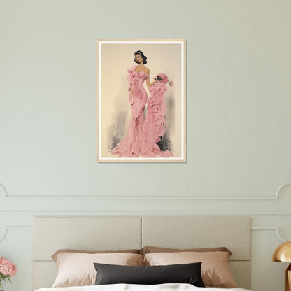 A woman in a pink dress is standing on a bed