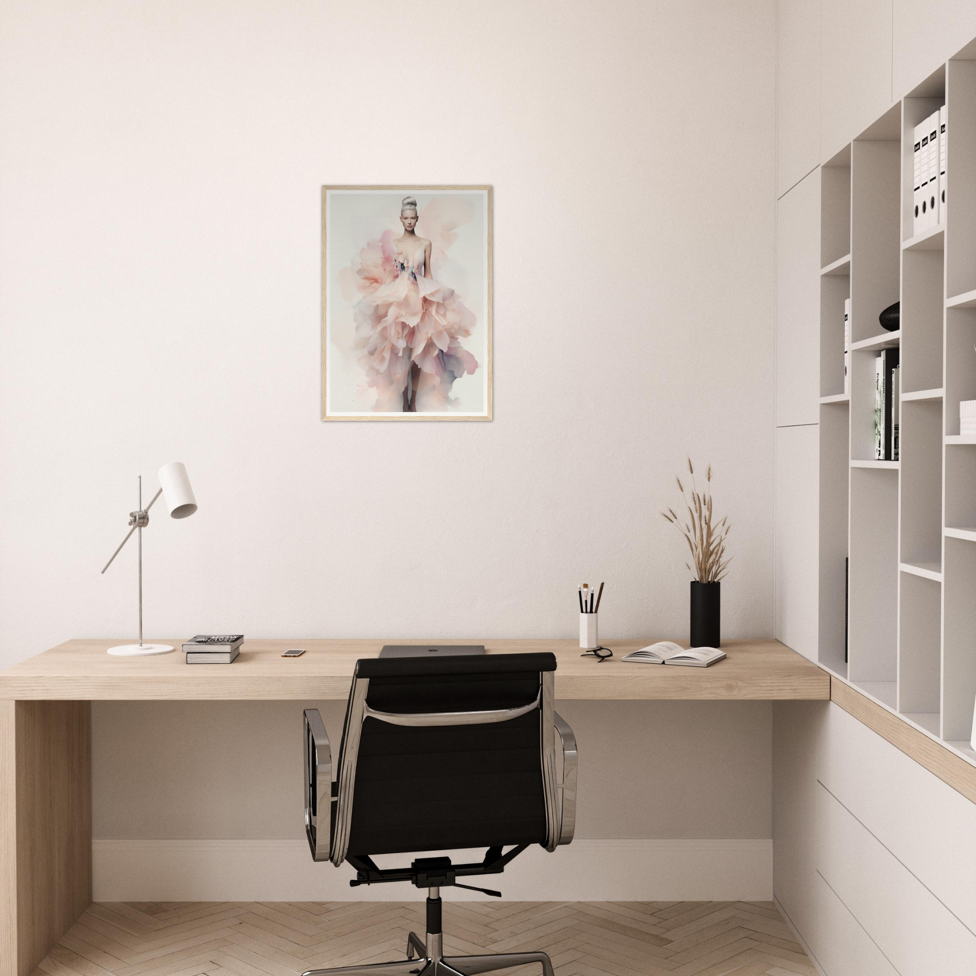 A woman in a pink dress sitting at a desk with a framed print on the wall above her