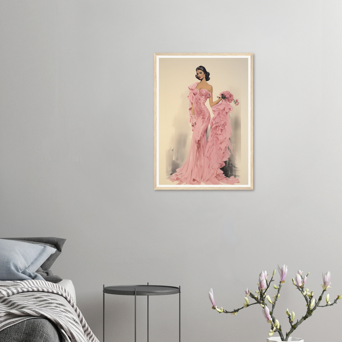 A woman in a pink dress with a flower in her hand framed in a room