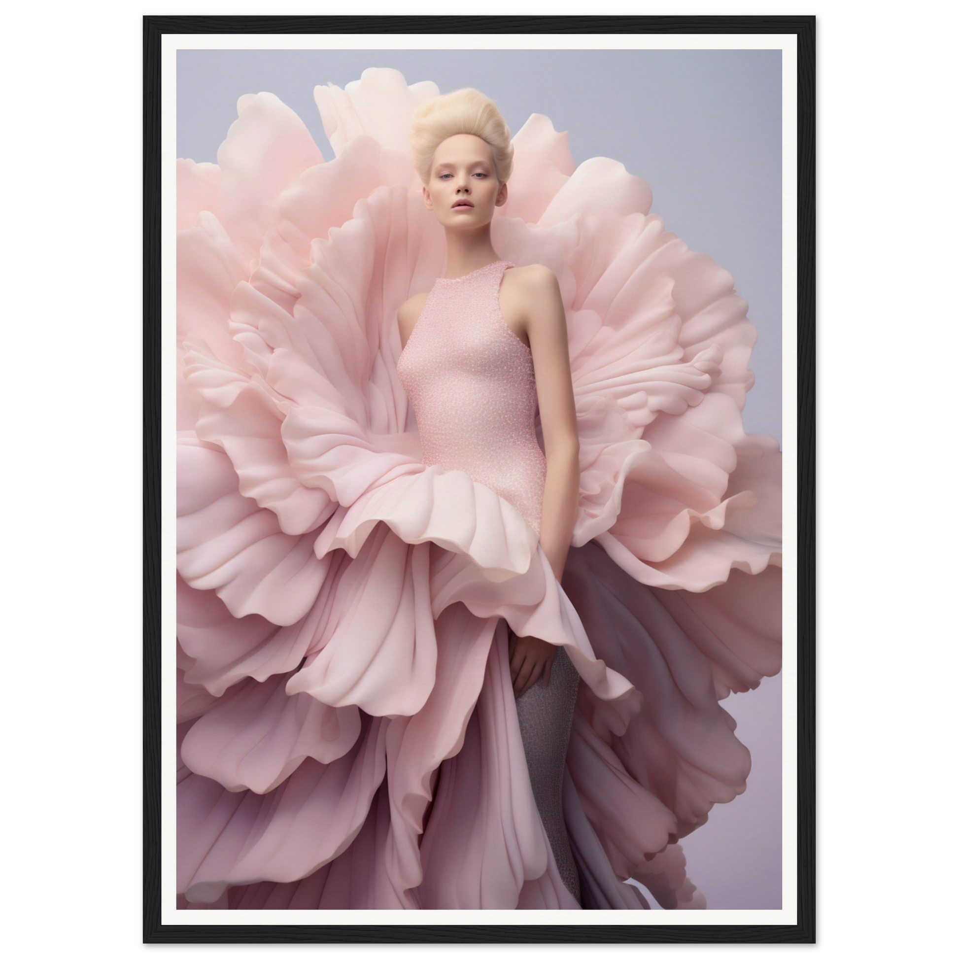 A woman in a pink dress with large pink flowers