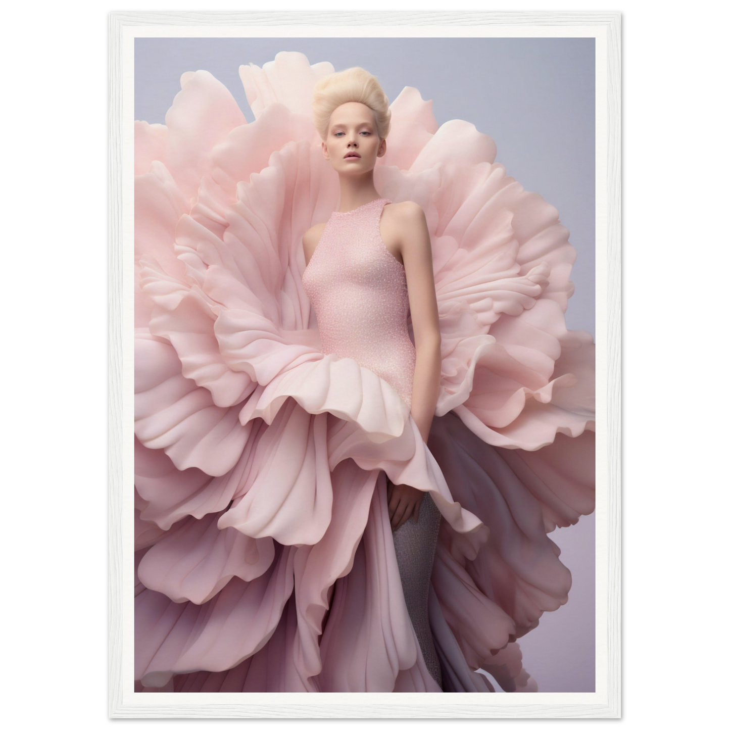 A woman in a pink dress with large pink flowers