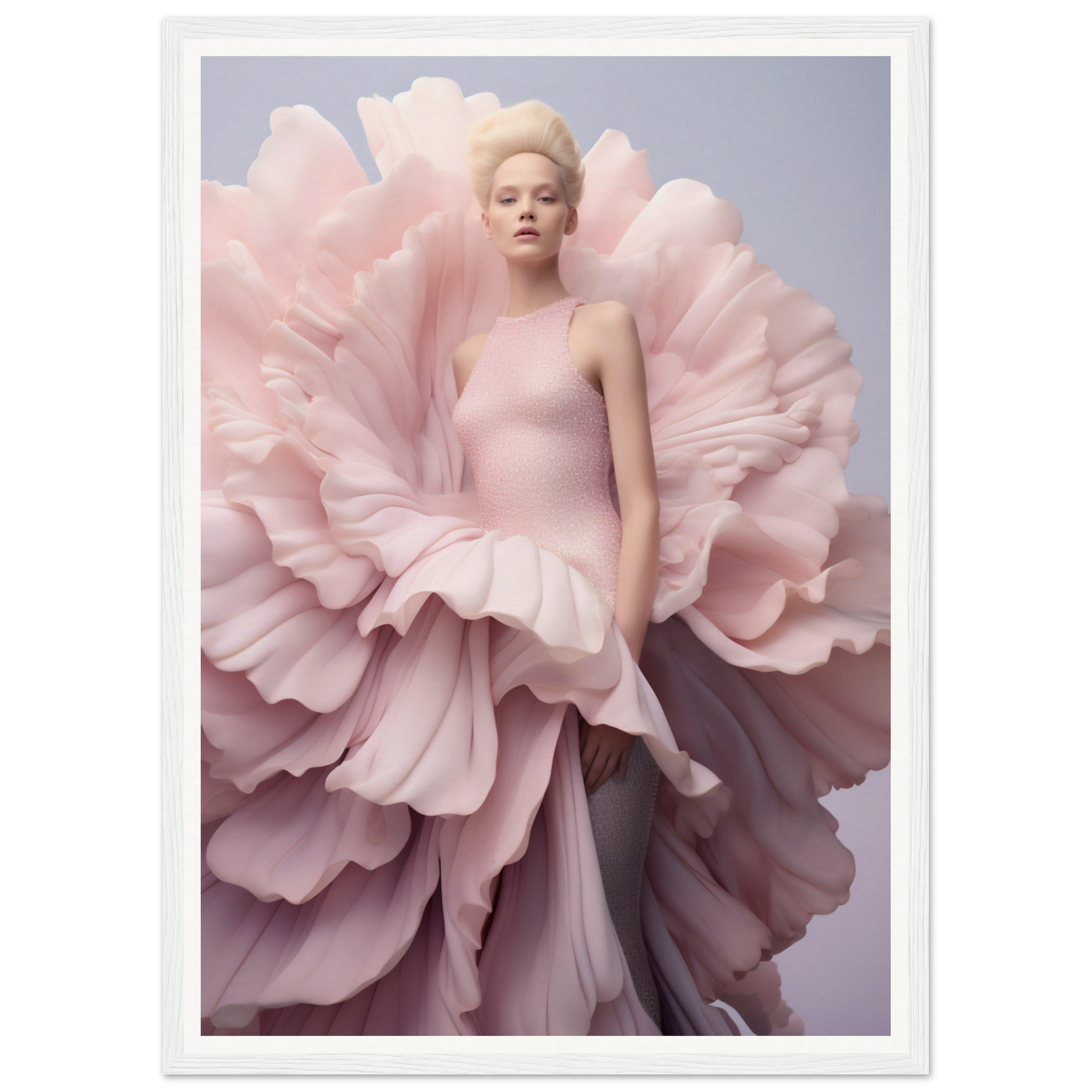 A woman in a pink dress with large pink flowers