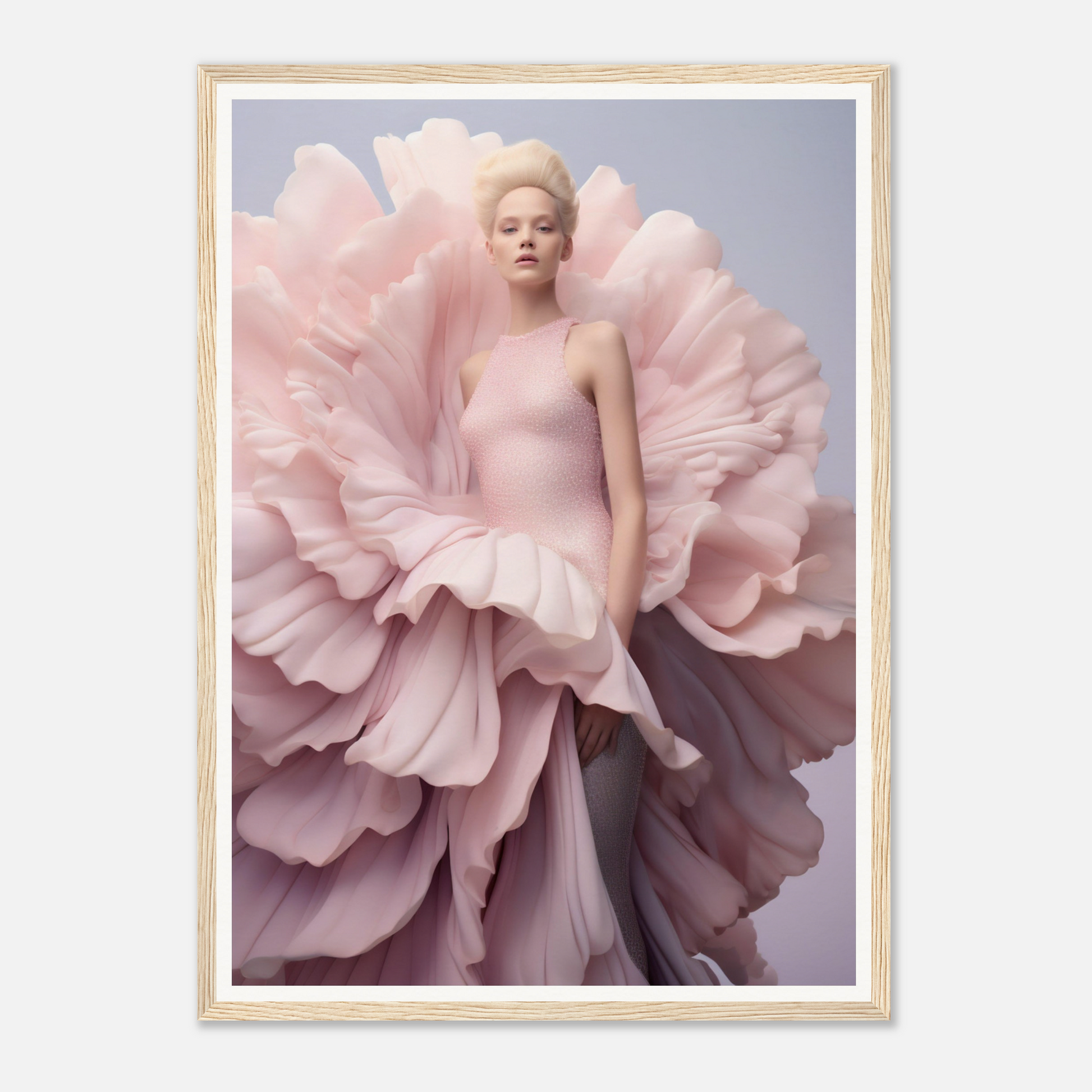 A woman in a pink dress with large pink flowers