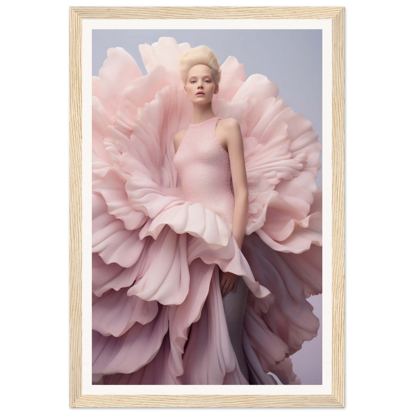 A woman in a pink dress with large pink flowers