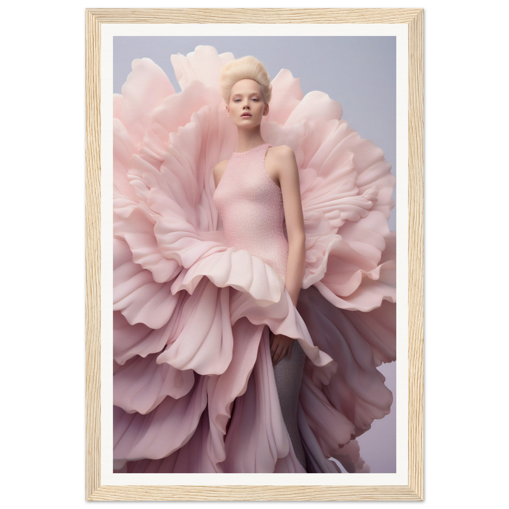 A woman in a pink dress with large pink flowers