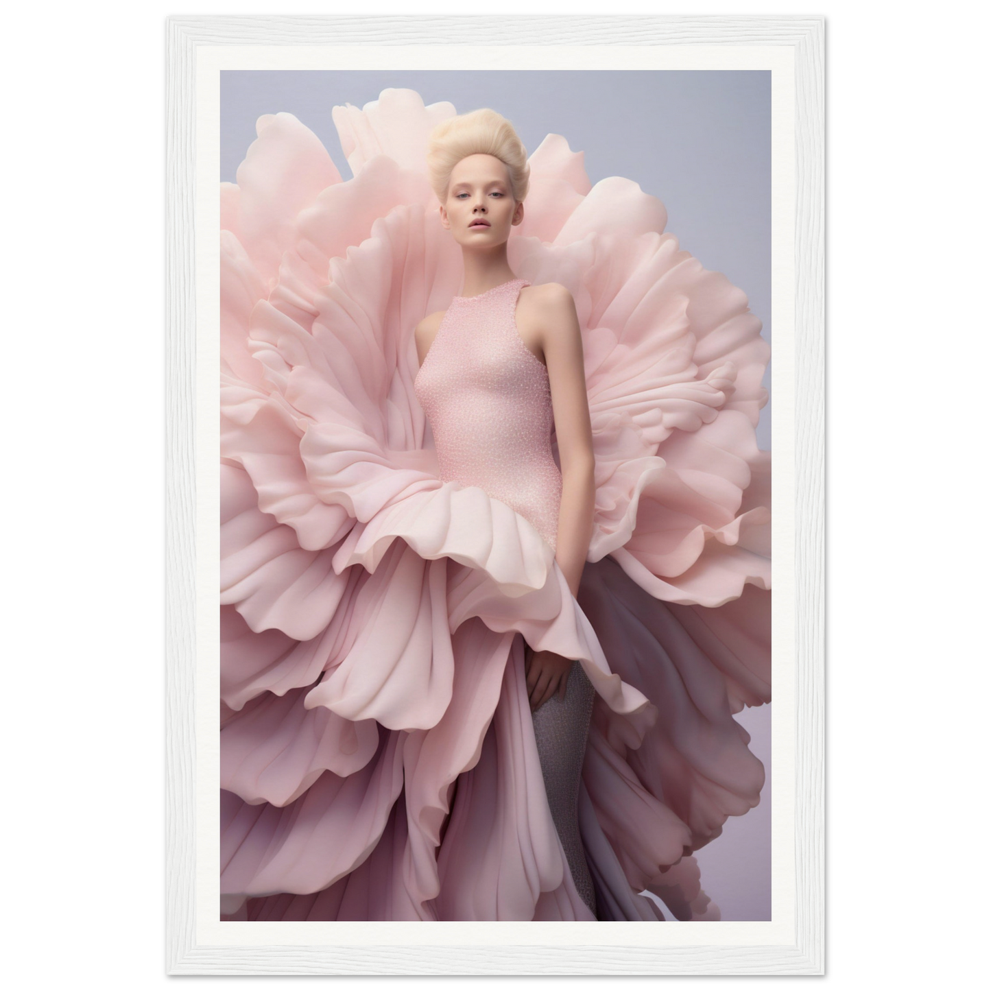 A woman in a pink dress with large pink flowers