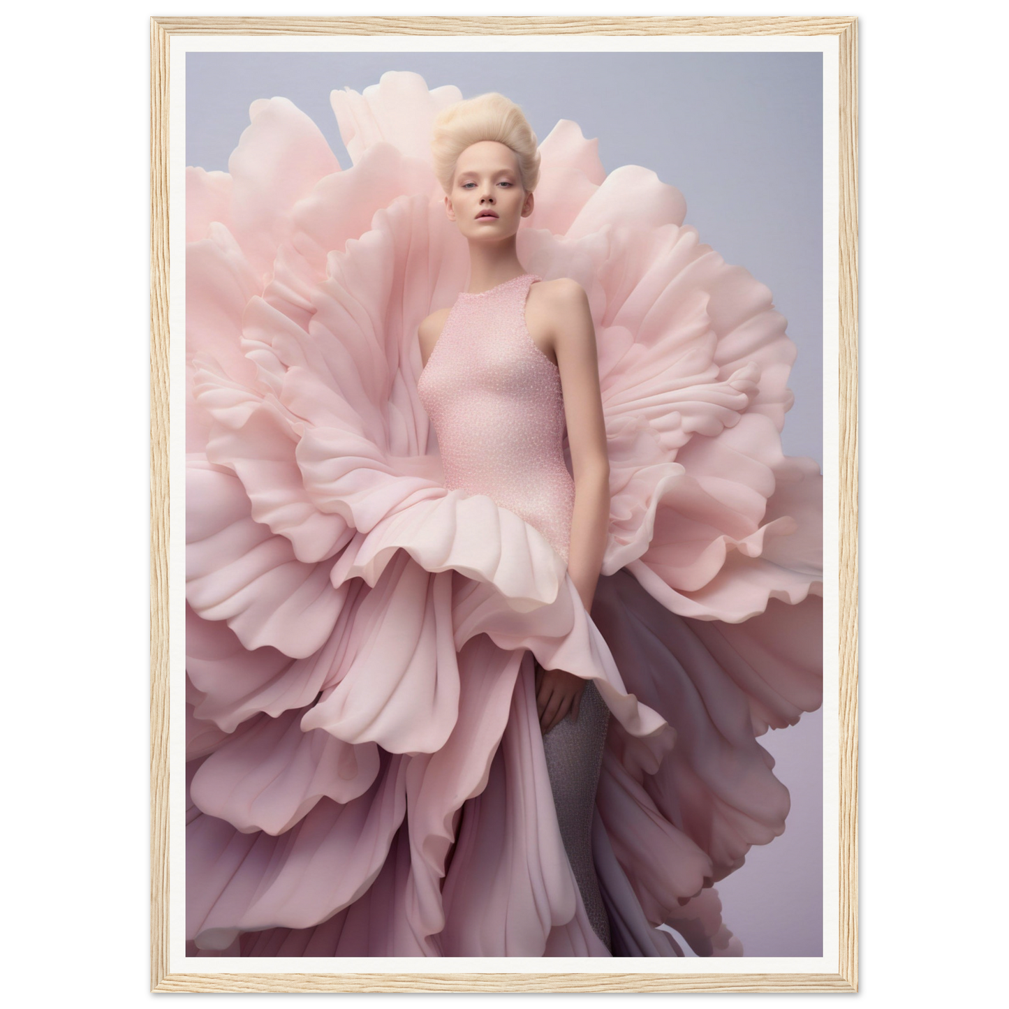 A woman in a pink dress with large pink flowers