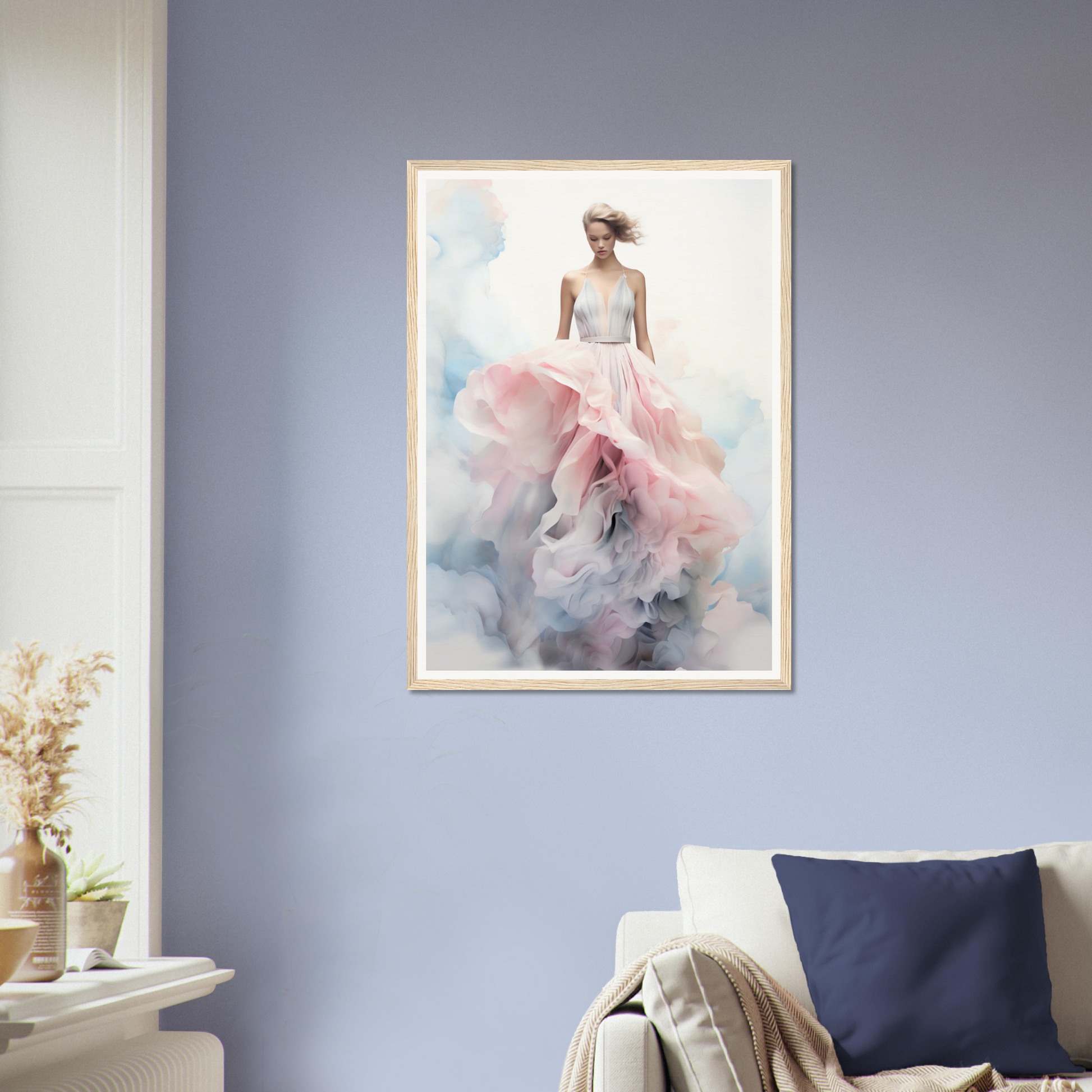 A woman in a pink dress is standing in a living room