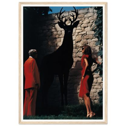 A woman in a red dress standing next to a deer