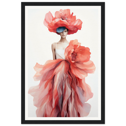 A woman in a red dress and hat with flowers on her head