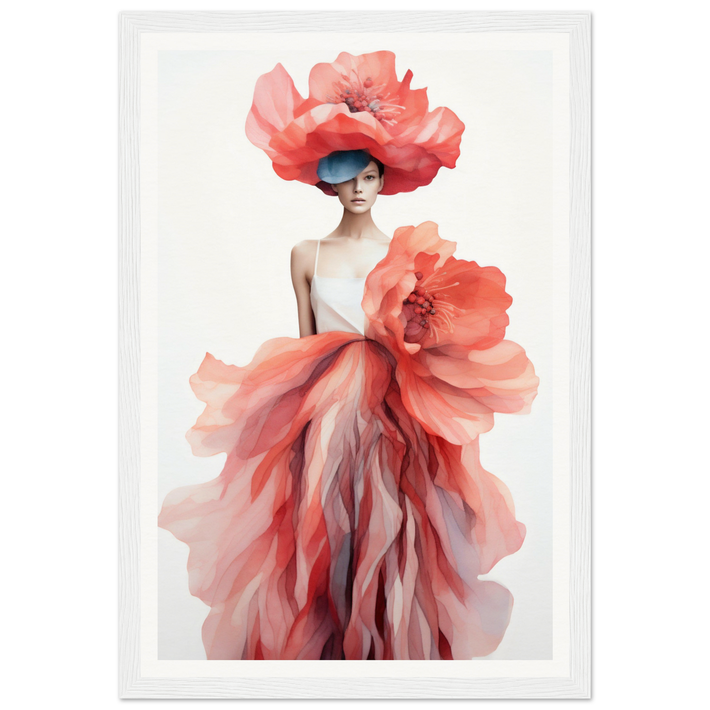 A woman in a red dress and hat with flowers