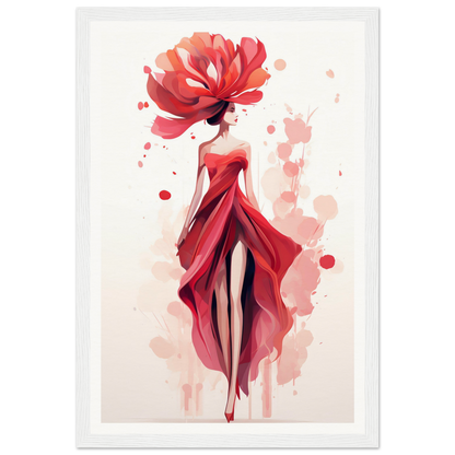 A woman in a red dress with a large flower on her head