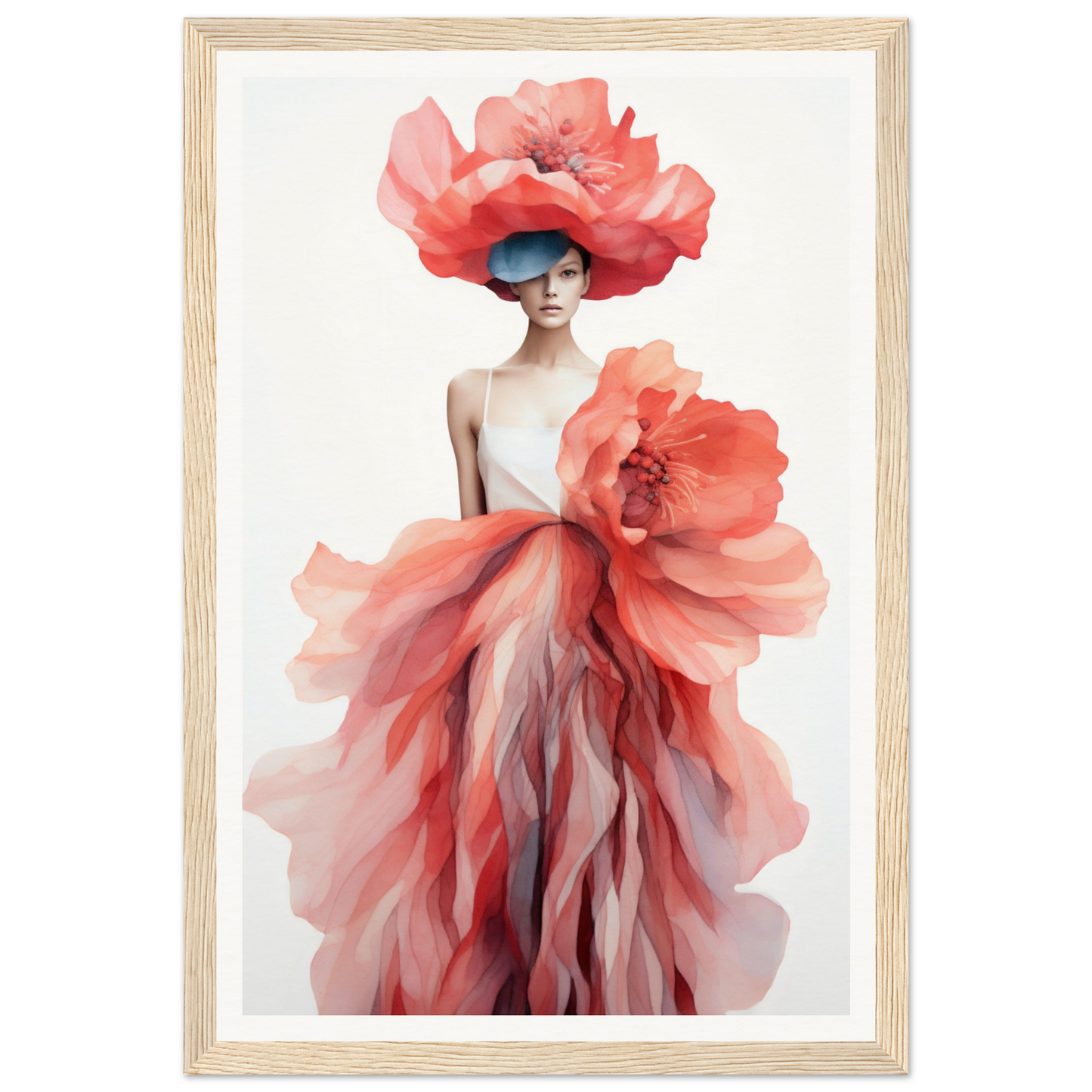 A woman in a red dress and large pink flowers