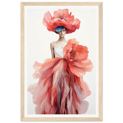 A woman in a red dress and large pink flowers