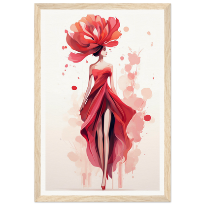 A woman in a red dress with a large flower on her head