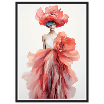 A woman in a red dress and large flower hat