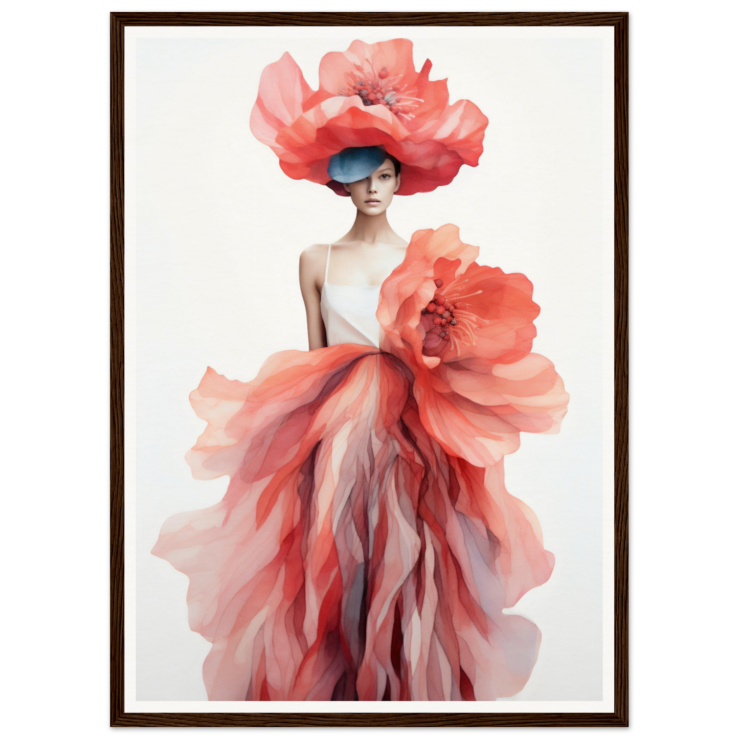 A woman in a red dress and large pink flowers