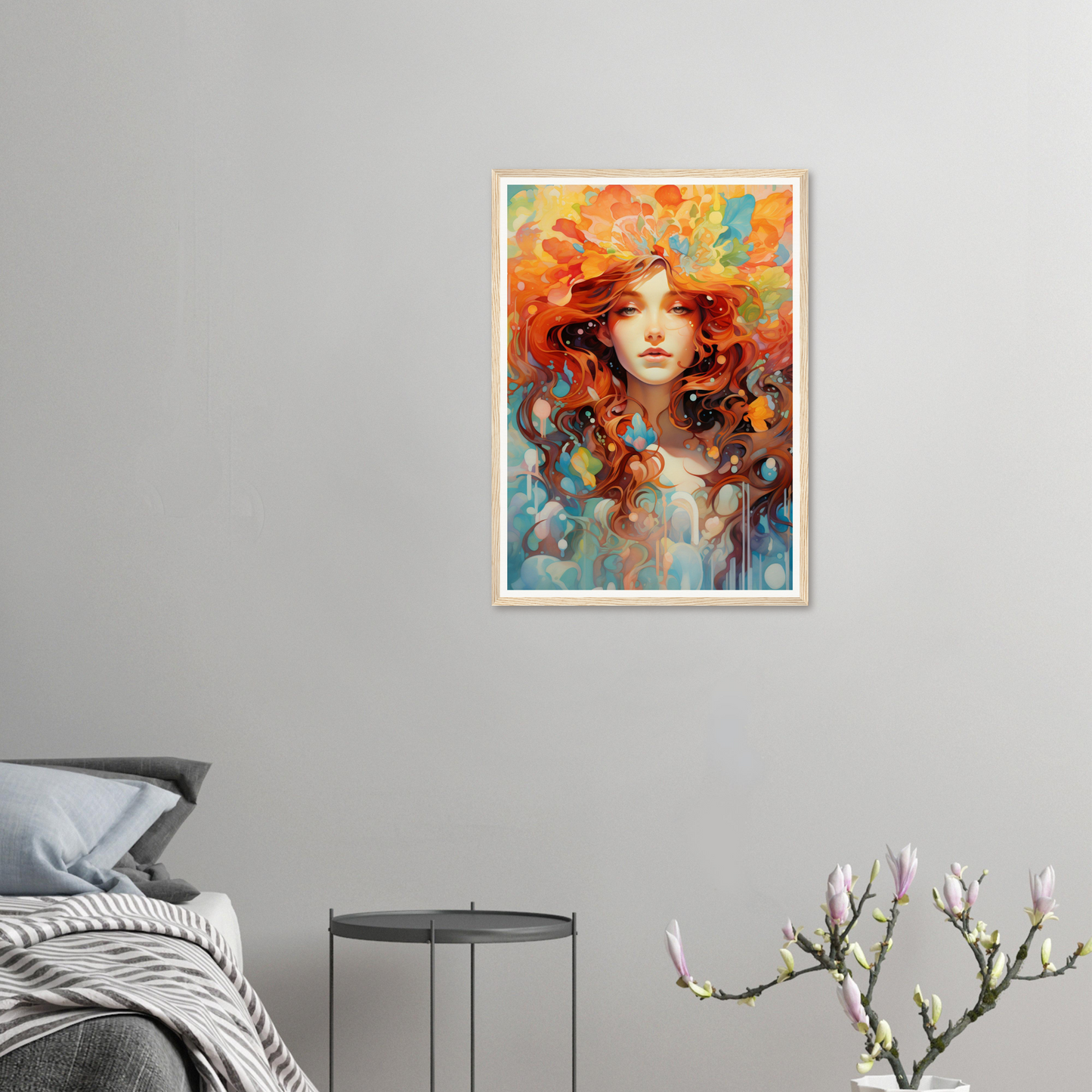 A woman with red hair and a flower crown on her head, in a room with a gray wall