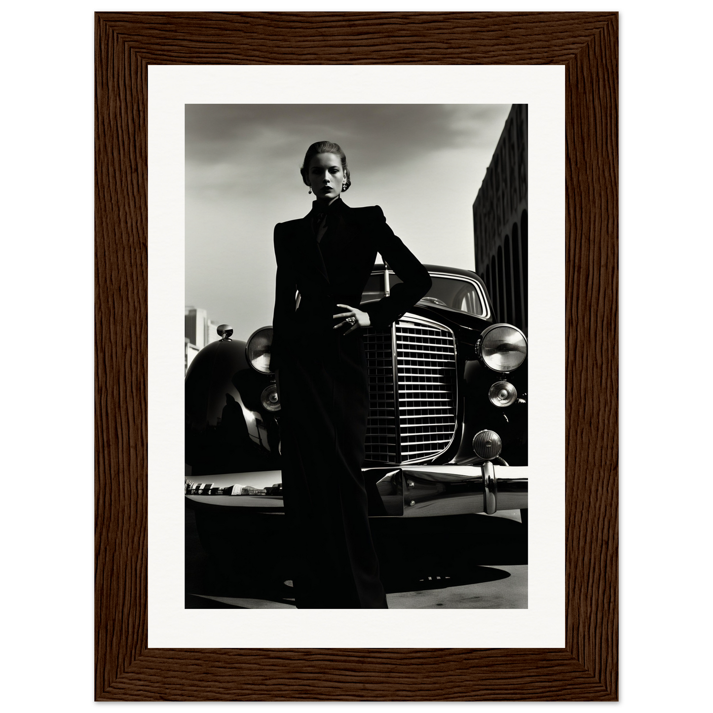 A woman in a suit standing next to a car