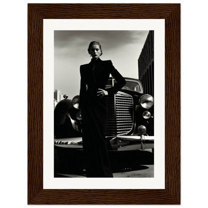 A woman in a suit standing next to a car