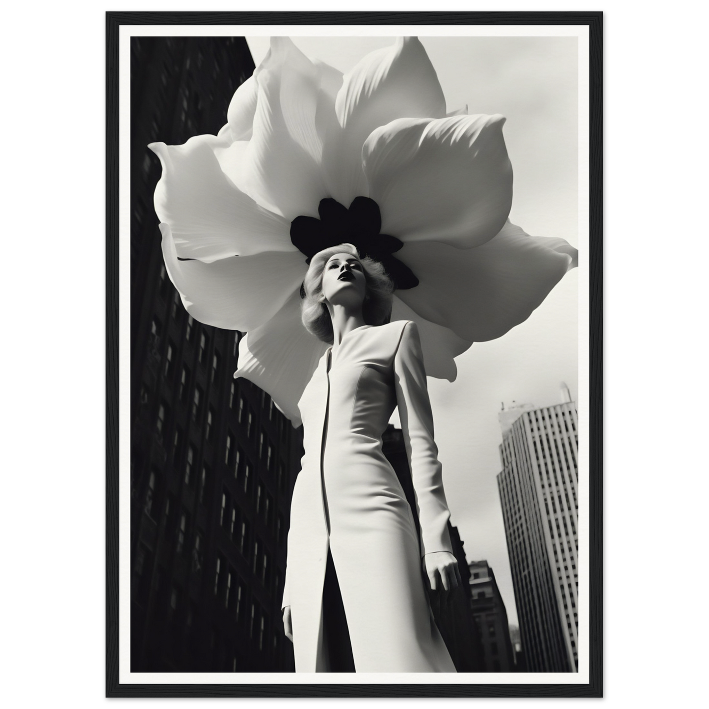 A woman in a white dress and black hat holding a large white flower