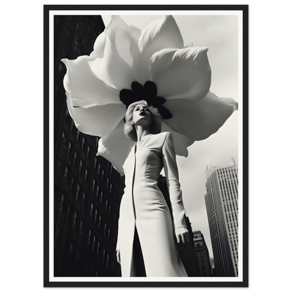 A woman in a white dress and black hat holding a large white flower