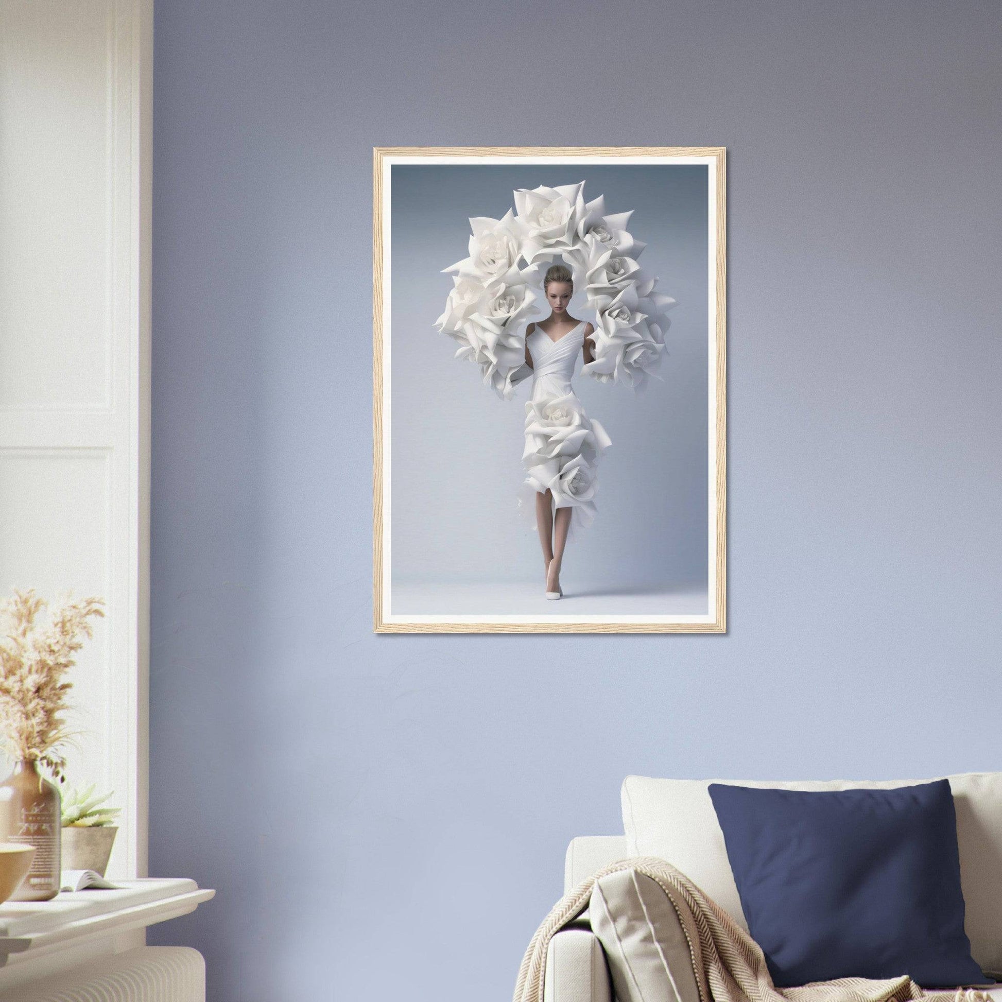 A woman in a white dress with a bouquet of flowers on her head framed in a living room